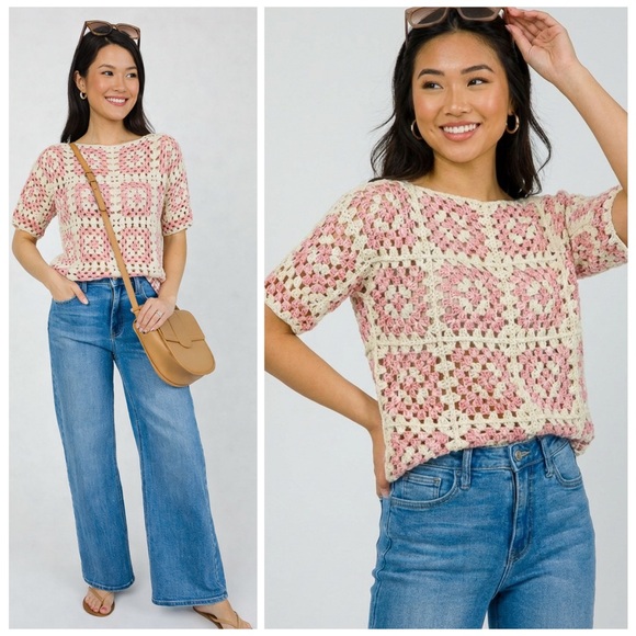 DAVI & DANI Sweaters - Davi & Dani Granny Square Crochet Sweater Pink and Cream Size Large Boho Shabby